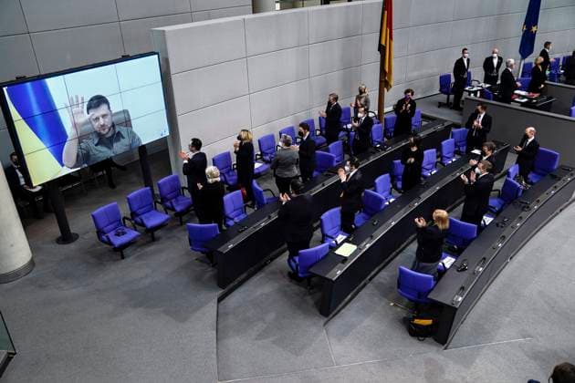 Video address of the President of Ukraine, Volodymyr Selenskyj in the German Bundestag Current,17 03 2022 Berlin, Volodymyr Selenskyj the President of Ukraine during his video address in the German Bundestag on the current situation in Ukraine with special gesture in advance of the 21 session of the German Bundestag in Berlin with