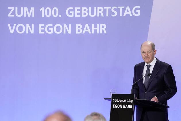 Friedrich Ebert Foundation on the 100th birthday of Egon Bahr Current, 17 03 2022, Berlin, Chancellor Olaf Scholz in portrait at the tribute to the lifes work of Egon Bahr in the Friedrich Ebert Foundation in Berlin Berlin Germany