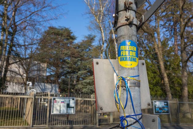A sticker reading Peace for Ukraine on a sign pole across from the consulate The Consulate General of the Russian Federation in Bonn was the site of the USSR Embassy, as well as the Embassy of the Russian Federation until the German government moved there in 1999 The consulate has been the target of many demonstrat