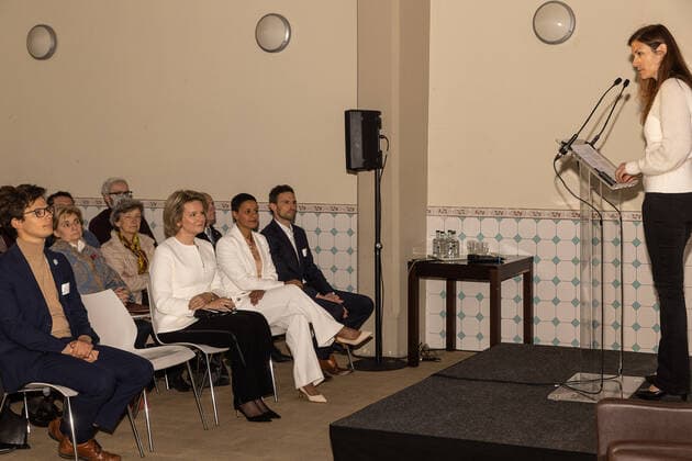 Queen Mathilde of Belgium and Minister for Development Cooperation Meryame Kitir pictured during a Sustainable Value Chains. From legislation to action event organised by The Shift, a Belgian platform for a more sustainable economy and society, Thursday 31 March 2022, in Brussels. It aims to take stock of the complementarity between companies, non-governmental organizations and public institutions in the implementation of value chains that respect human rights and the environment. JAMESxARTHURxGEKIERE 29105751