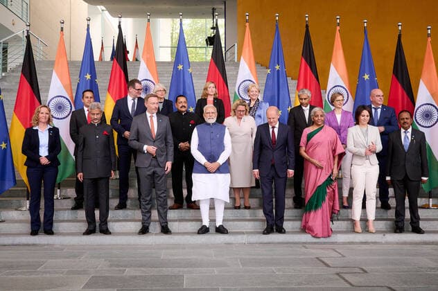 6 German Indian Government Consultations at the Federal Chancellery Federal Chancellor Olaf Scholz SPD and the Prime Minister of the Republic of India Narendra Modi during the joint group photo with ministers on 02 05 2022 at the Federal Chancellery in Berlin Berlin Federal Chancellery Berlin Germany