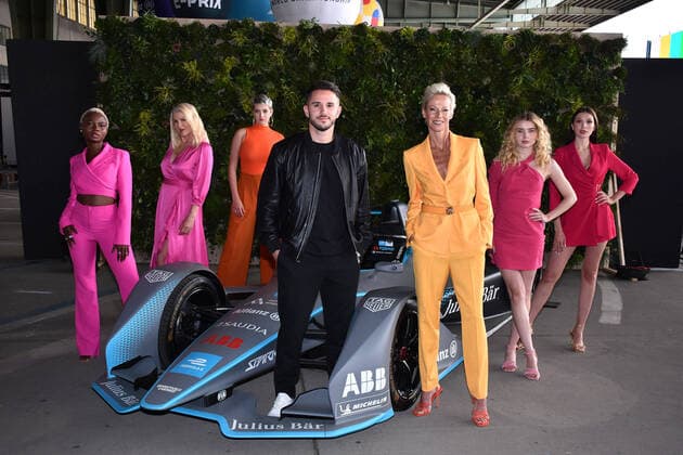 Germanys next Topmodel contestant Noella, Lieselotte, Lou Anne, racing driver Daniel Abt, Martina, Luca and Anita at the photo shoot on the sidelines of the Formula E World Championship race on the grounds of Tempelhof Airport on 13 05 2022 in Berlin GnTM Pr