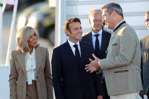 G 7 Summit in Ellmau Emmanuel Macron , Markus Söder and Brigitte Macron, Munich Bavaria Germany Munich Airport