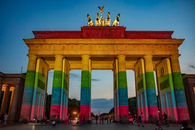 Brandenburg Gate is illuminated in rainbow colors, After the suspected Islamist terrorist attack on an Oslo queer club, the Brandenburg Gate was illuminated in the colors of the rainbow on Sunday evening as a sign of solidarity with the victims Berlin stands as a rainbow capital at
