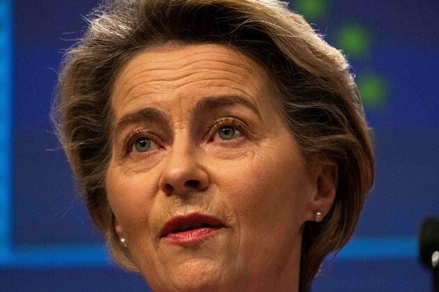 The President of the European Commission Ursula von der Leyen at the video conference summit of the Heads of State of the European Union. Brussels. Belgium. MartinxBertrand xMajorityxWorld 1 8 2021 925_02_MWC045841