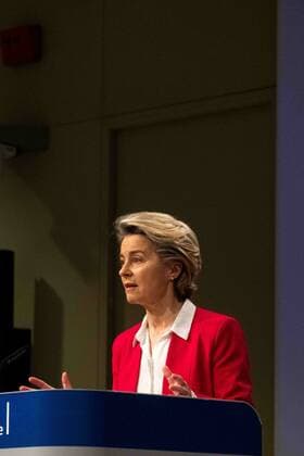 The President of the European Commission Ursula von der Leyen at the video conference summit of the Heads of State of the European Union. Brussels. Belgium. MartinxBertrand xMajorityxWorld 1 8 2021 925_02_MWC045843