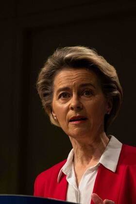 The President of the European Commission Ursula von der Leyen at the video conference summit of the Heads of State of the European Union. Brussels. Belgium. MartinxBertrand xMajorityxWorld 1 8 2021 925_02_MWC045845