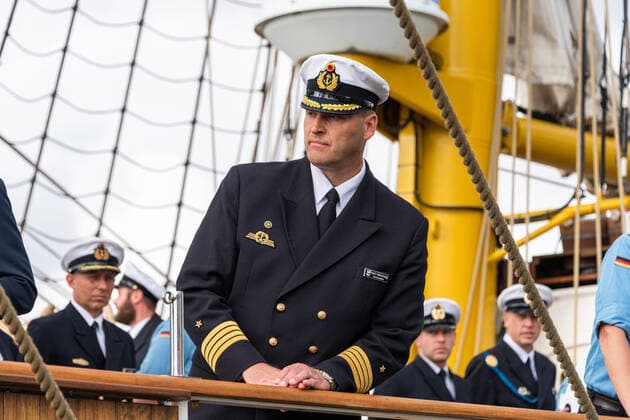 Kiel, Schleswig Holstein 08 August 2022 The sail training ship Gorch Fock leaves its home port of Kiel to set off on its first foreign training voyage under the command of Captain at Sea Andreas Peter Graf von Kielmansegg Heading east via Schwerin, Szczecin to Helsinki