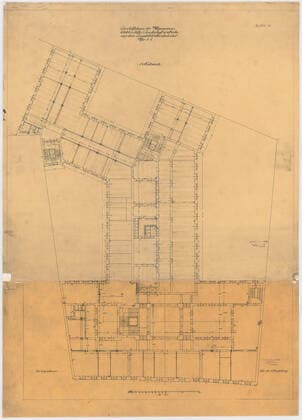 Messel Alfred (1853-1909), administration building of the AEG (Allgemeine Elektrizitätsgesellschaft) in Berlin (1905-1907): Grundriss 1st floor, 1: 100. Ink, pencil on transparent, 127.7 x 91.8 cm (including scan edges) Copyright: xpiemagsx archberppie01082022-2604 !ACHTUNG AUFNAHMEDATUM GESCHÄTZT!