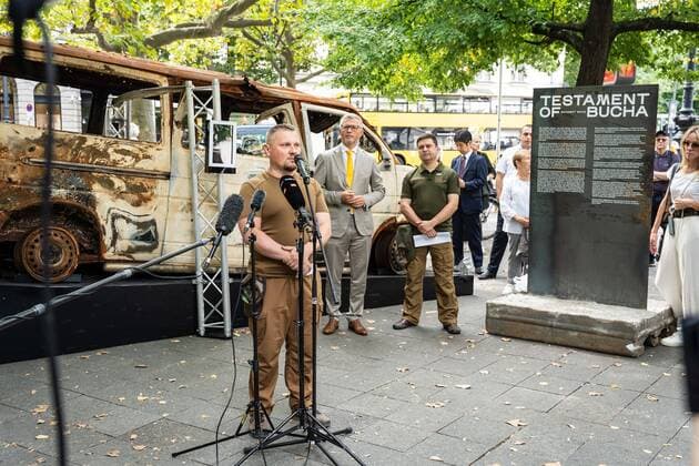 22 08 2022,Berlin,Germany,Testament of Bucha Butscha , opening of the exhibition at George Grosz Platz on Kurfürstendamm Ukrainian and German partners and authorities have joined forces to exhibit an authentic piece of the Bucha tragedy on Kurfü