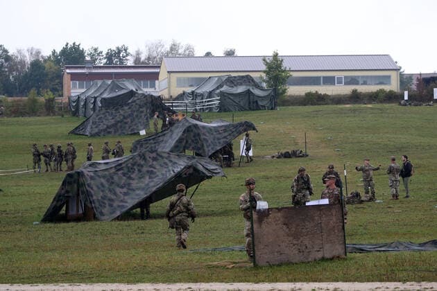 Camouflage tents with various stations, exercise with firearms US Army, training area Vilseck, GER, 14 09 2022, 7th Army Training Command,