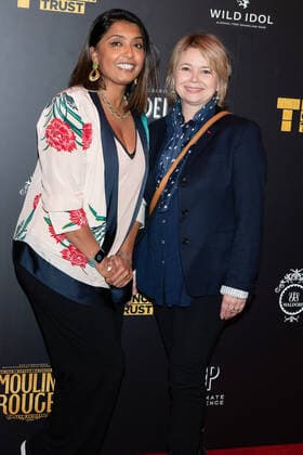 September 29, 2022, London, United Kingdom: Sunetra Sarker (L) and her friend pose on the red carpet at a special Gala night at Moulin Rouge! The Musical in aid of Teenage Cancer Trust. With Baz Luhrmann hosting the night as his film comes to life onstage in London s West End at The Piccadilly Theatre. London United Kingdom - ZUMAs197 20220929_zaa_s197_166 Copyright: xBonniexBritainx