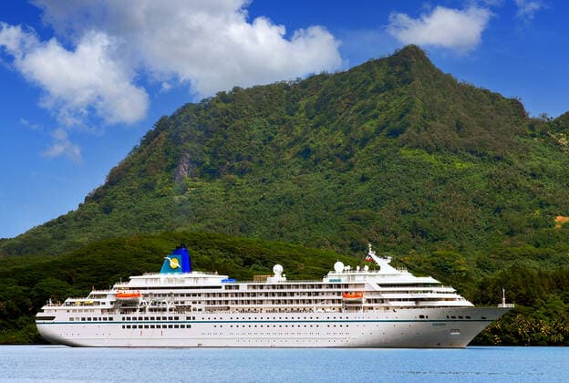 the cruise ship MS Amadea at Port from huahine, south sea, French Polynesia, Islands at the winch, McPKST McP Corporation tax 2023 027316 McPKST