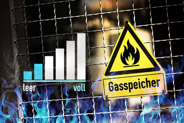 PHOTOMONTAGE, sign with gas flame, almost empty charge level indicator and inscription gas storage tank. ** NUR FUER REDAKTIONELLE ZWECKE ** EDITORIAL USE ONLY **