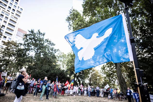 Rally Demo FOR PEACE AGAINST A NEW ARMS COMPETITION THE ARMS MUST FINALLY SILENCE , Victims Monument, Frankfurt, picture x of 6 Frankfurt, 01 09 2022 Rally Demo FOR PEACE AGAINST A NEW ARMS COMPETITION THE ARMS MUST FINALLY SILENCE , Victims Monument, Frankfurt, in the picture participants demonstrate for peace, flag with peace dove, wenig
