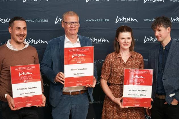 LUKAS HAMMELMANN, GUENTHER JAUCH, MARIKA AND SANDRO BOEHME WINEMAKERS OF THE YEAR 2023 PRESENTATION OF THE VINUM WINE GUIDE DEUTACHLAND MAINZ
