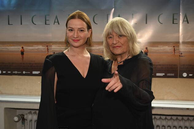 Actress Nina Gummich plays Alice Schwarzer and journalist Alice Schwarzer , l r, pose at the NRW premiere of the film Alice which was made on the occasion of the 80th birthday of Alice Schwarzer, the front figure of the German womens movement