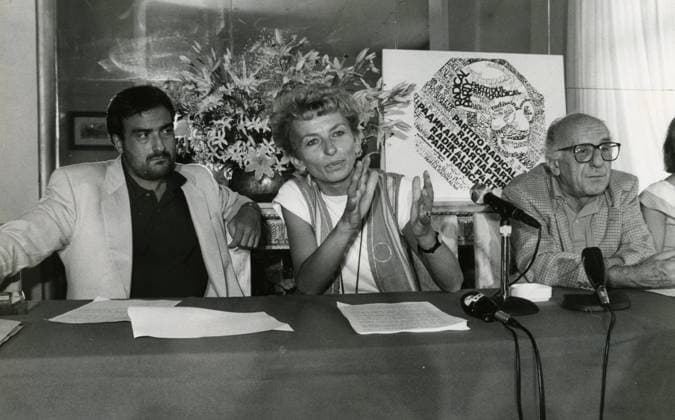 Italian politicians and activists Sergio Stanzani, Emma Bonino, and Carlo Romeo at a Radical Party meeting, 1990s 