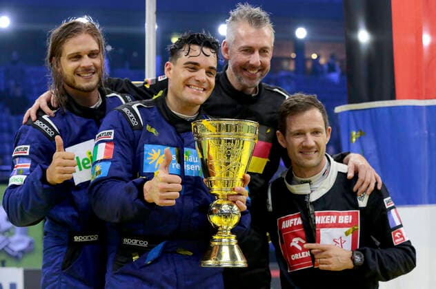 Rurik Gislason, Stefano Zarrella, Sebastian Pufpaff and Sebastien Ogier in the ProSieben TV show TV total Autoball WM 2022 in the ZAG Arena Hannover, 16 12 2022 Foto:xC.xSpeidelx xFuturexImage