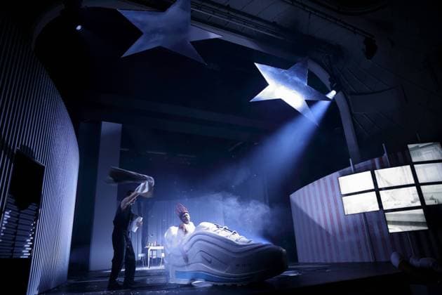Till Wonka and Falilou Seck, f l , during the photo rehearsal for the play Amerika at Maxim Gorki Theater Berlin, January 12, 2023 By Franz Kafka Directed by Sebastian Baumgarten Stage Barbara Steiner Costumes Christina Schmitt Premiere is on 14 Janaur 2023 Maxim Gorki Theater Berlin Amerika