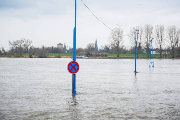 A no stopping sign in the Rhine at high water Düsseldorf North Rhine Westphalia Germany