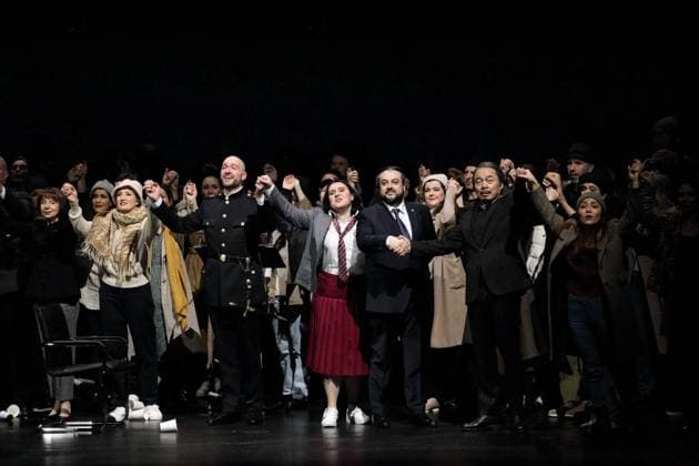 Attilio Glaser as Gabriele Adorno , Maria Motolygina as Maria, Amelia , George Petean as Simon Boccanegra and Liang Li as Jacopo Fiesco , center v l , and ensemble during the photo rehearsal for Simon Boccanegra at Deutsch
