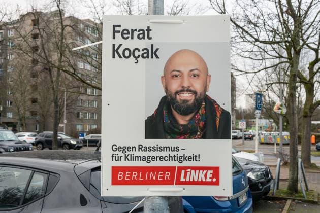 27 01 2023,Berlin,Germany,an election poster from the party Die Linke Ferat Kocak for the rerun of the election to the House of Representatives of Berlin and to the district councils on 12 02 2023