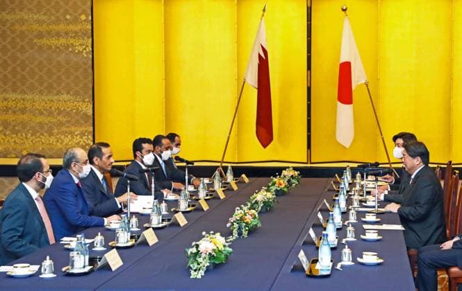 Japan-Qatar talks Japanese Foreign Minister Yoshimasa Hayashi (far R) holds talks with H.E. Sheikh Mohammed bin Abdulrahman Al-Thani (3rd from L), Qatari deputy prime minister and foreign minister, in Tokyo on Jan. 31, 2023. A14AA0001391653P