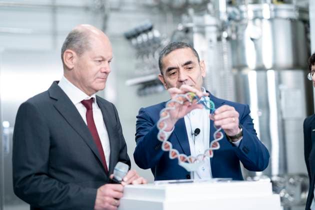 German Chancellor visits BioNTech on the occasion of the construction completion of the plasmid production in Marburg German Chancellor Olaf Scholz with Ugur Sahin, founder and CEO Biontech SE during his vi