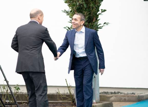 German Chancellor visits BioNTech on the occasion of the construction completion of the plasmid production in Marburg German Chancellor Olaf Scholz with Ugur Sahin, founder and CEO Biontech SE during his vi