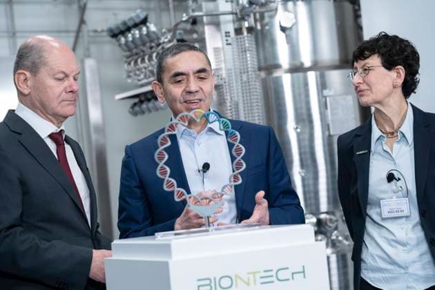 German Chancellor visits BioNTech on the occasion of the construction completion of the plasmid production in Marburg German Chancellor Olaf Scholz with Ugur Sahin, founder and CEO Biontech SE during his vi