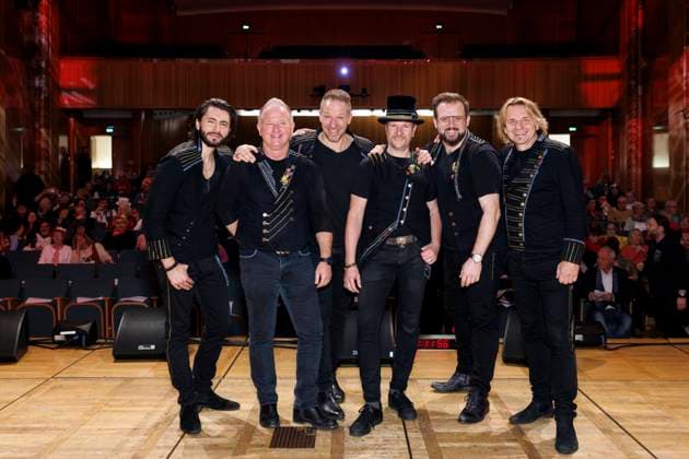 Guitarist Edin Colic, keyboardist Micki Schläger, singer Patrick Lück, drummer Heiko Braun, musician Freddi Lubitz and musician Jens Streifling from the band die Höhner at the screening of the 60-minute long version of the WDR documentary 50 Jahre Höhner Von Köln in die Welt at the WDR Funkhaus Cologne 13 02 2023 NRW Germany Copyright: xChristophxHardtx