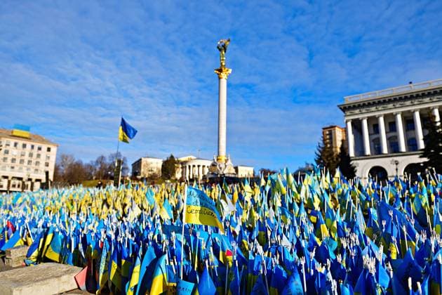 Ukrainian cohesion thousands of small flags decorate Maidan square in Kiev Kiev Maidan Oblast Kiev Ukraine