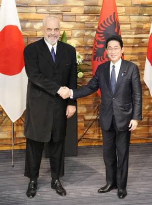 Japan-Albania talks Japanese Prime Minister Fumio Kishida (R) shakes hands with his Albanian counterpart Edi Rama ahead of their talks at the premier s office in Tokyo on Feb. 22, 2023.  A14AA0001398899P
