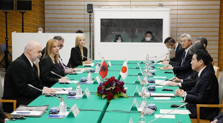 Japan-Albania talks Japanese Prime Minister Fumio Kishida (far R) and his Albanian counterpart Edi Rama (far L) hold talks at the premier s office in Tokyo on Feb. 22, 2023.  A14AA0001398900P