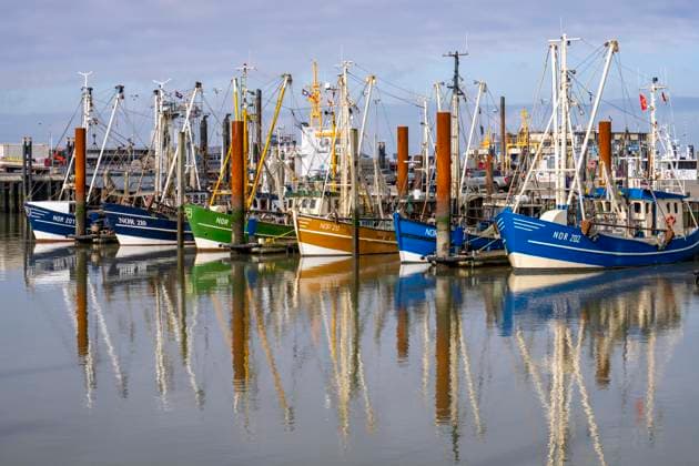 Fishing boats, crab cutter in Norddeich harbor, Lower Saxony, Germany Norddeich harbor