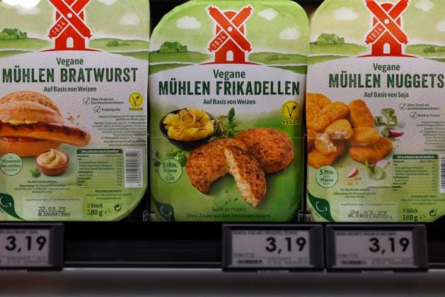 Düsseldorf, Germany, 02 03 2023 Vegan meat substitutes at the Edeka Zurheide store in the Crown Center in Düsseldorf city center.