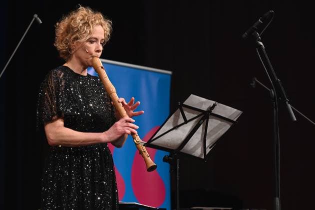 Actress Katja Riemann plays the flute at Lit Cologne, the international literature festival