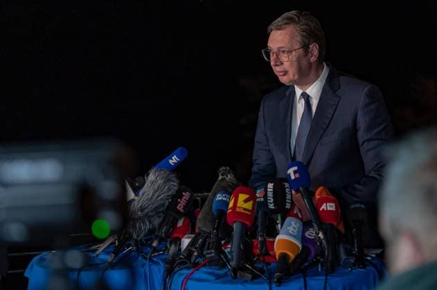 Bilder des Jahres 2023, News 03 März News Themen der Woche KW11 Nordmazedonien, Serbien-Kosovo-Gipfel in Ohrid Serbian President Aleksandar Vucic spoke to journalists, after more than 10 hours of negotiations between Prishtina and Belgrade in Ohrid, North Macedonia on Saturday, March 18, 2023. The EU High Representative for Foreign Affairs and Security Policy, Josep Borrell, and the EU Special Representative, Miroslav Lajcak, convened a high-level meeting in which Kosovo s Prime Minister, Albin Kurti (not pictured), and Serbia s President, Aleksandar Vucic (pictured). (VX Photo IH), Kosovo Serbia Talks - AVucic Ohrid Inex Olgica Hotel North Macedonia North Macedonia , Copyright: xIsaxHazirix