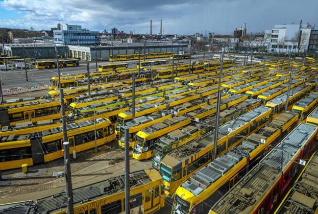 Essen, North Rhine Westphalia, Germany Trams stand in the depot of the Ruhrbahn, Verdi and EVG warning strike Essen North Rhine Westphalia Germany