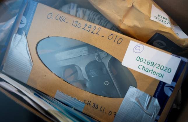 Pieces of evidence pictured during the jury constitution session at the assizes trial of Puddo for the death of Jean-Yves Wargnies, before the Assizes Court of Hainaut Province in Mons on Thursday 06 April 2023. Domenico Puddo is accused of having murdered Jean-Yves Wargnies on 30 December 2019 in Charleroi VIRGINIExLEFOUR 64275927
