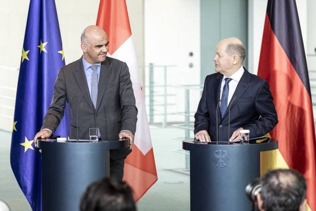 Press conference with Chancellor Olaf Scholz with the Federal President of the Swiss Confederation, Alain Berset at the Federal Chancellery in Berlin, 18 04 2023 Berlin Germany Copyright: xLeonxKuegeler photothek.dex