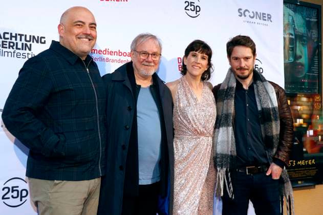 Gabriel Munoz Munoz, Joachim Krol, Laia Alvarez and Michael Baral at the premiere of the feature film Endlich Witwer Über alle Berge at the 19 achtung berlin Filmfestival 2023 at Kino Babylon Berlin, 18 04 2023 Foto:xA.xBuggex xFuturexImage