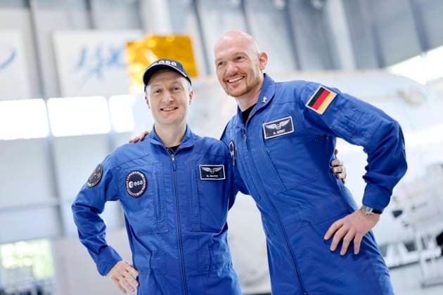 Astronauts Matthias Maurer GER and Alexander Gerst GER stand at ESAs European Astronaut Center EAC during the presentation of the prospective astronauts These enter their service at the European Astronaut Center and undergo training in accordance with the specifications of the partners of the International Space Station ISS Cologne, 03 05 2023 NRW Germany Copyright: xChristophxHardtx