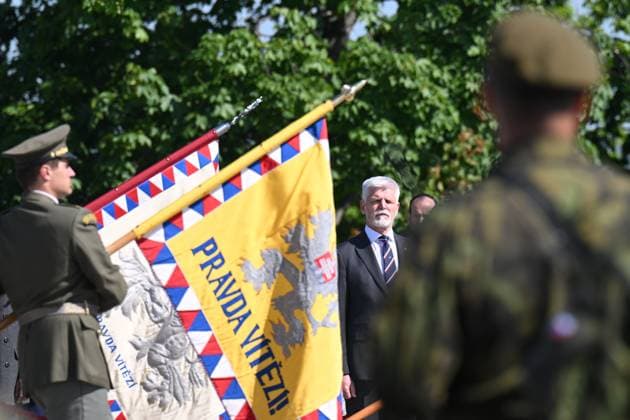 Czech President Petr Pavel, center, attends the traditional commemorative event at Vitkov national memorial on Victory Day, May 8, 2023, in Prague, Czech Republic. (CTKxPhoto MichalxKamaryt) CTKPhotoP2023050802333  CTKPhotoP2023050802333