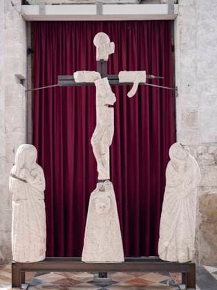 Cathedral of St. Andrew the Apostle Duomo di Sant Andrea Apostolo , composite fragments of a crucifix destroyed by the 1976 earthquake, Venzone, Udine, Friuli Venezia Giulia Region, Italy Venzone Udine Italy