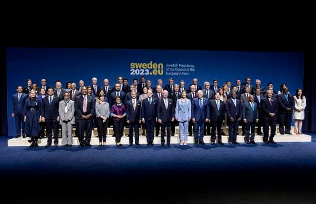 STOCKHOLM 20230513 Group photo as foreign ministers from Australia, New Zealand, Japan and South Korea, among others, take part in a special Indo-Pacific meeting as EU foreign ministers attend an informal meeting at the Scandinavian XPO in Märsta outside Stockholm on Saturday STOCKHOLM SWEDEN x10430x  Copyright: xChristinexOlsson TTx EU UTRIKESMINISTERMÖTE & INDO-STILLAHAVSMÖTE TTABB0000000000186730