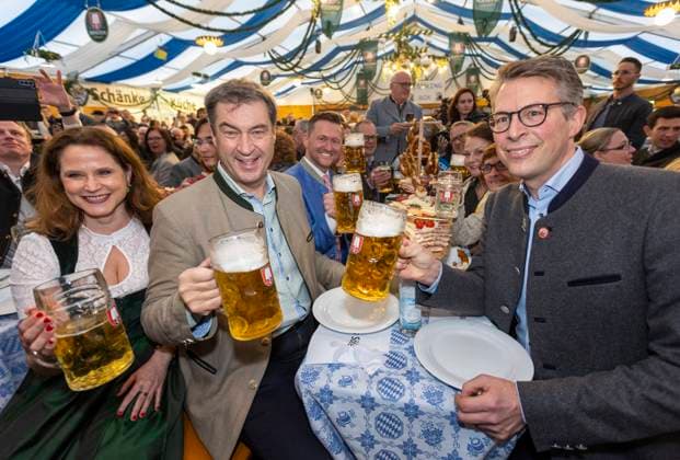 Markus Soeder CSU , Markus Blume in the marquee of the Truderinger Festwoche in Munich Date 16 05 2023