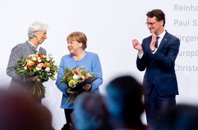 Award State Prize to Angela Merkel Chancellor a D Angela Merkel is honored on Tuesday 16 05 2023 with the State Prize NRW Presented by Christine Lagarde and Prime Minister Hendrik Wüst Cologne North Rhine Westphalia Germany