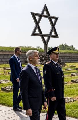 Czech President Petr Pavel, center, attends the commemorative event to pay respect to victims of Nazi persecutions on occasion of 78 years from WW2 end in Terezin, Czech Republic, May 21, 2023. (CTKxPhoto VojtechxHajek) CTKPhotoP2023052103573  CTKPhotoP2023052103573